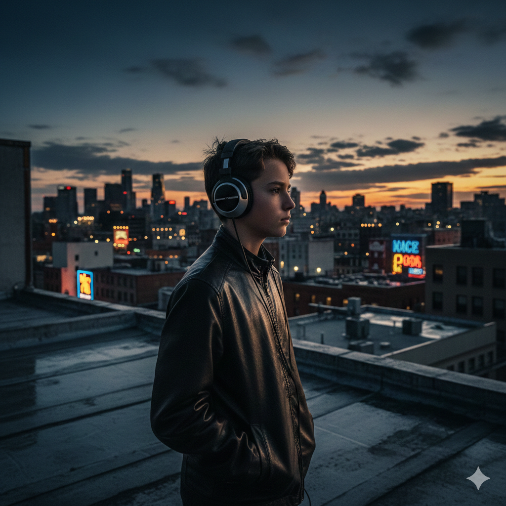 Boy with Headphones, Thoughtful Gaze, Urban Rooftop at Dusk, Cinematic Mood