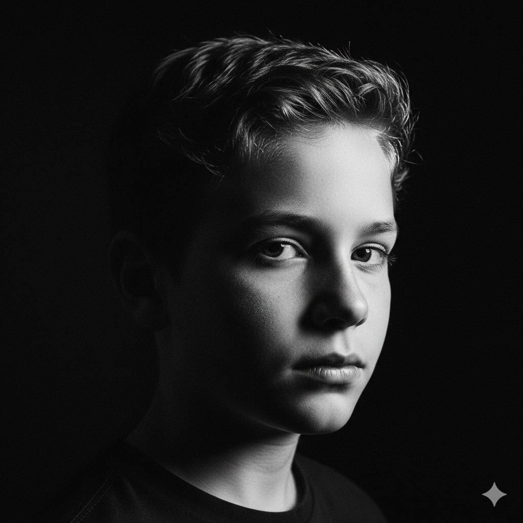 Black and White Boy Photo with Side Lighting Effect