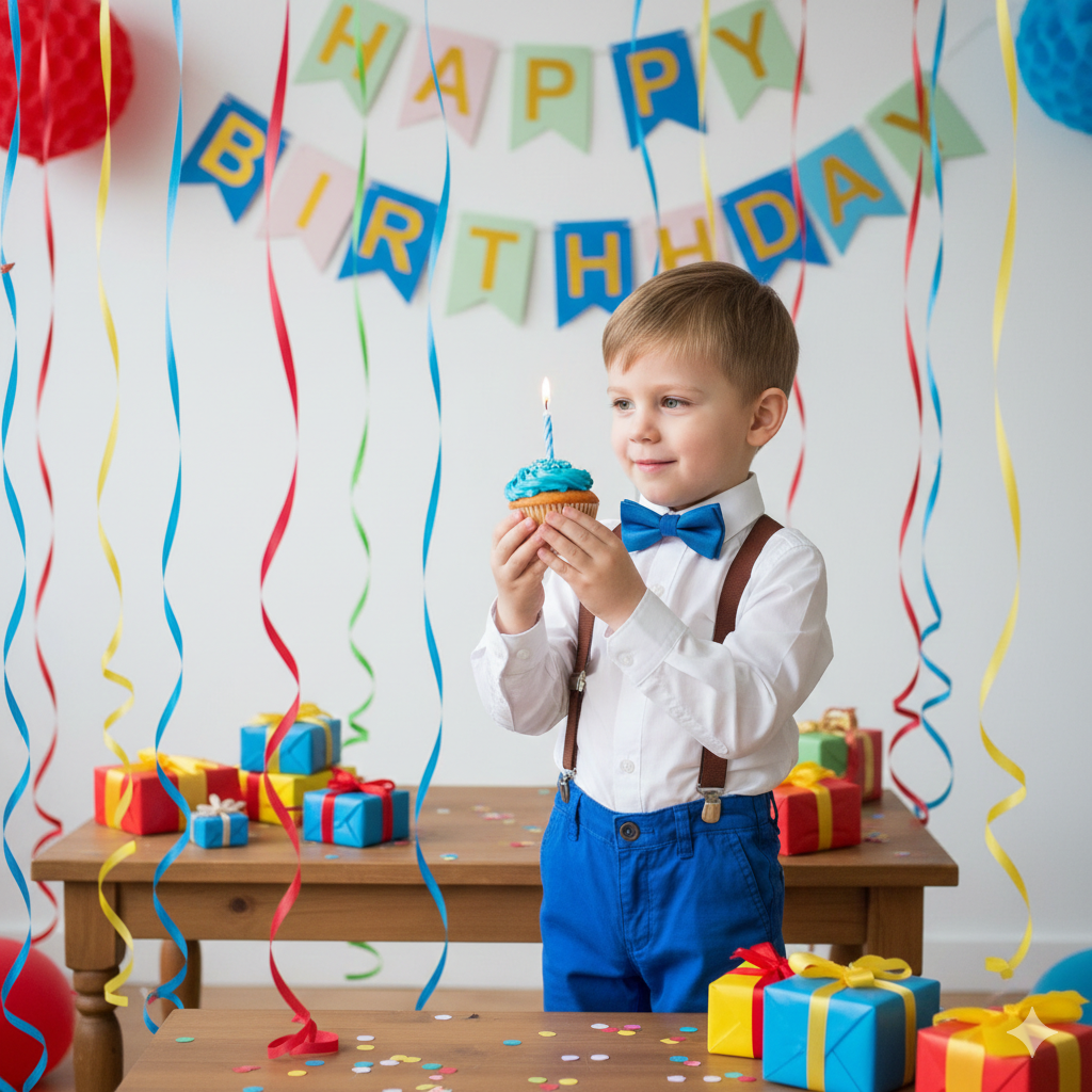 Boy Kid Wearing Birthday Outfit with Fun Decorations