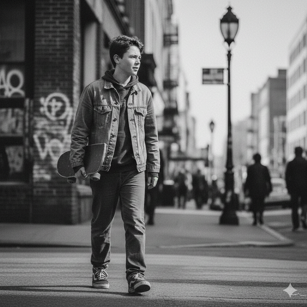 Street‑Style Black and White Portrait of a Boy