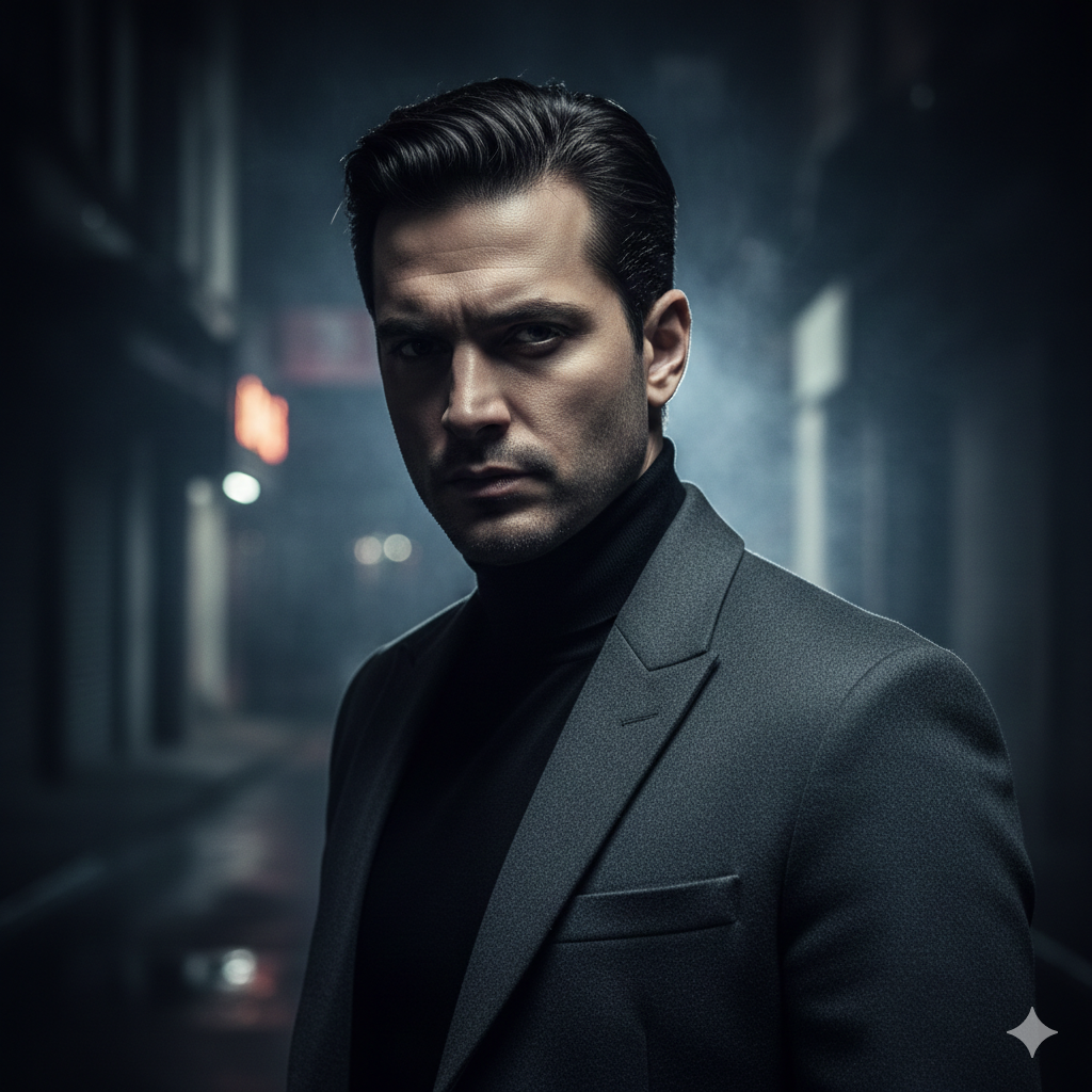 Dark‑Tone Coat Suit Photo with Cinematic Lighting