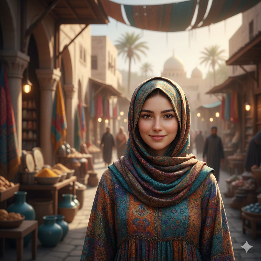 Girl in Hijab with Calm Smile and Madina Background