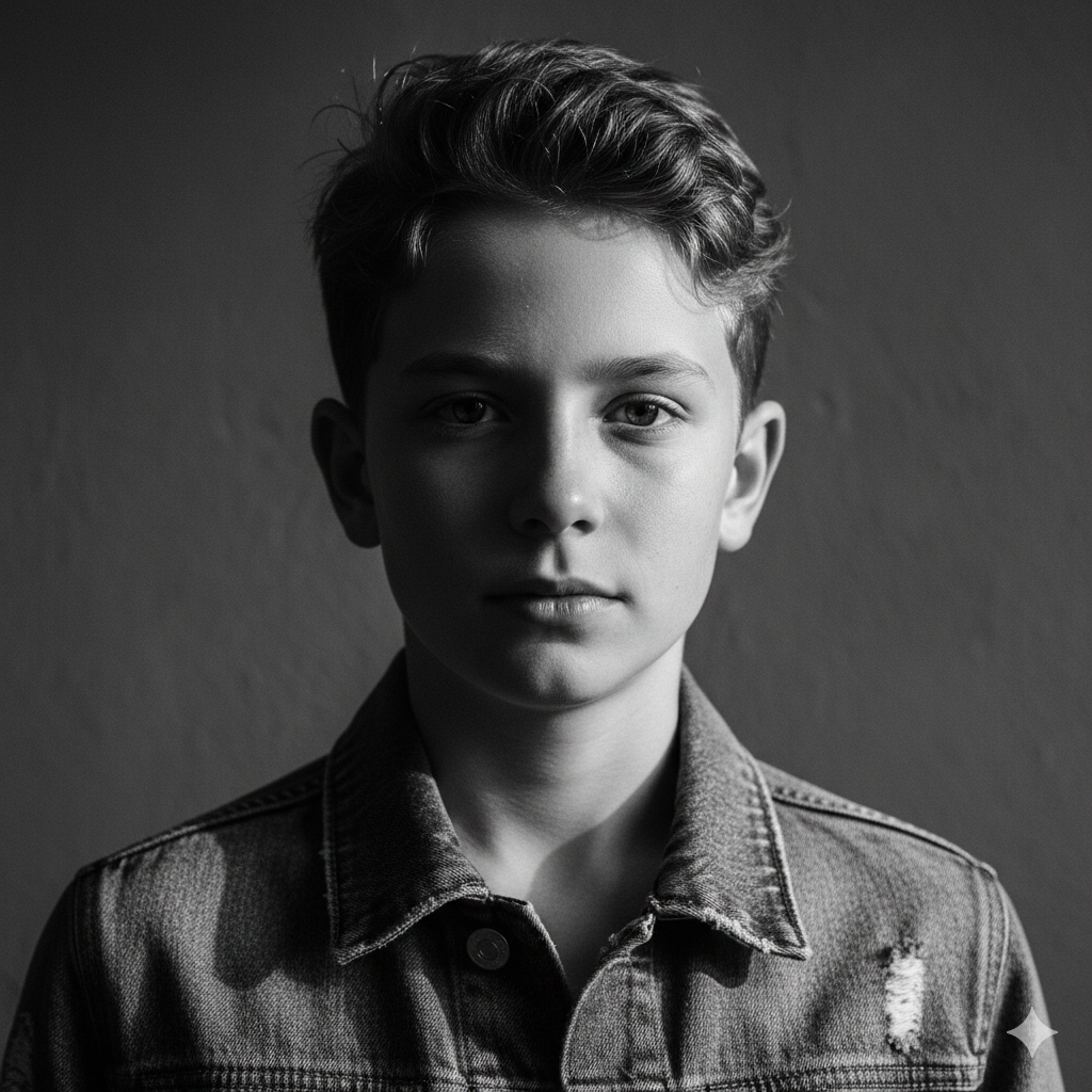 Black and White Boy Image with Sharp Focus and Texture