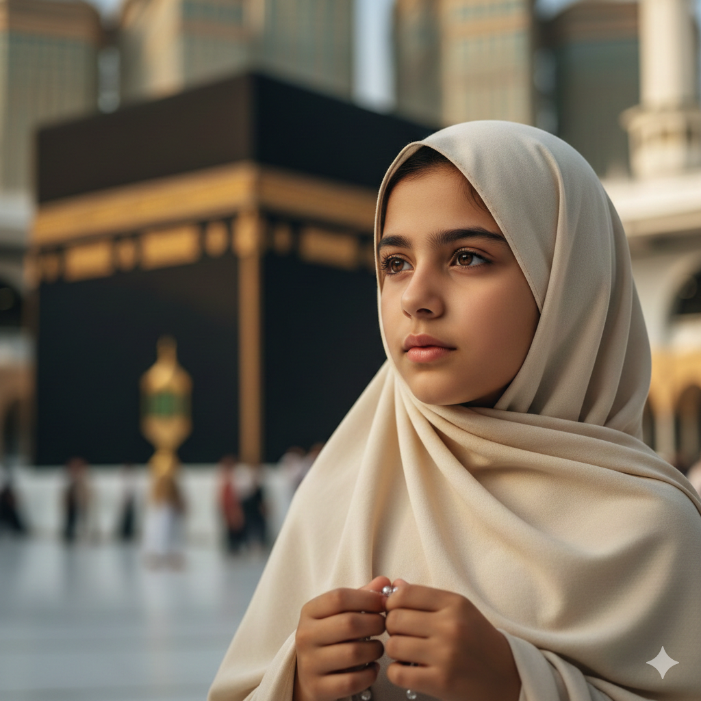 Spiritual Girl Portrait with Kaaba Background and Calm Mood