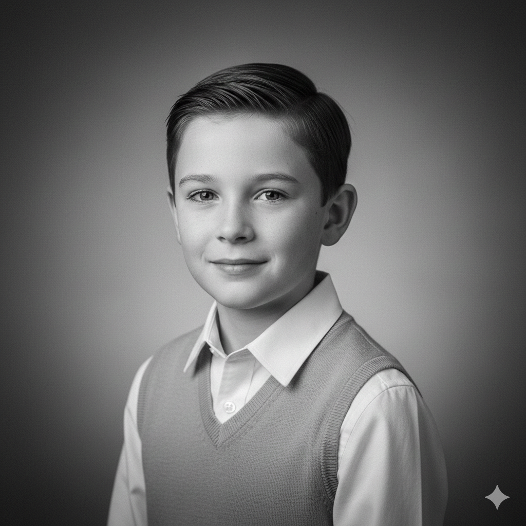 Classic Portrait‑Style Black and White Boy Image