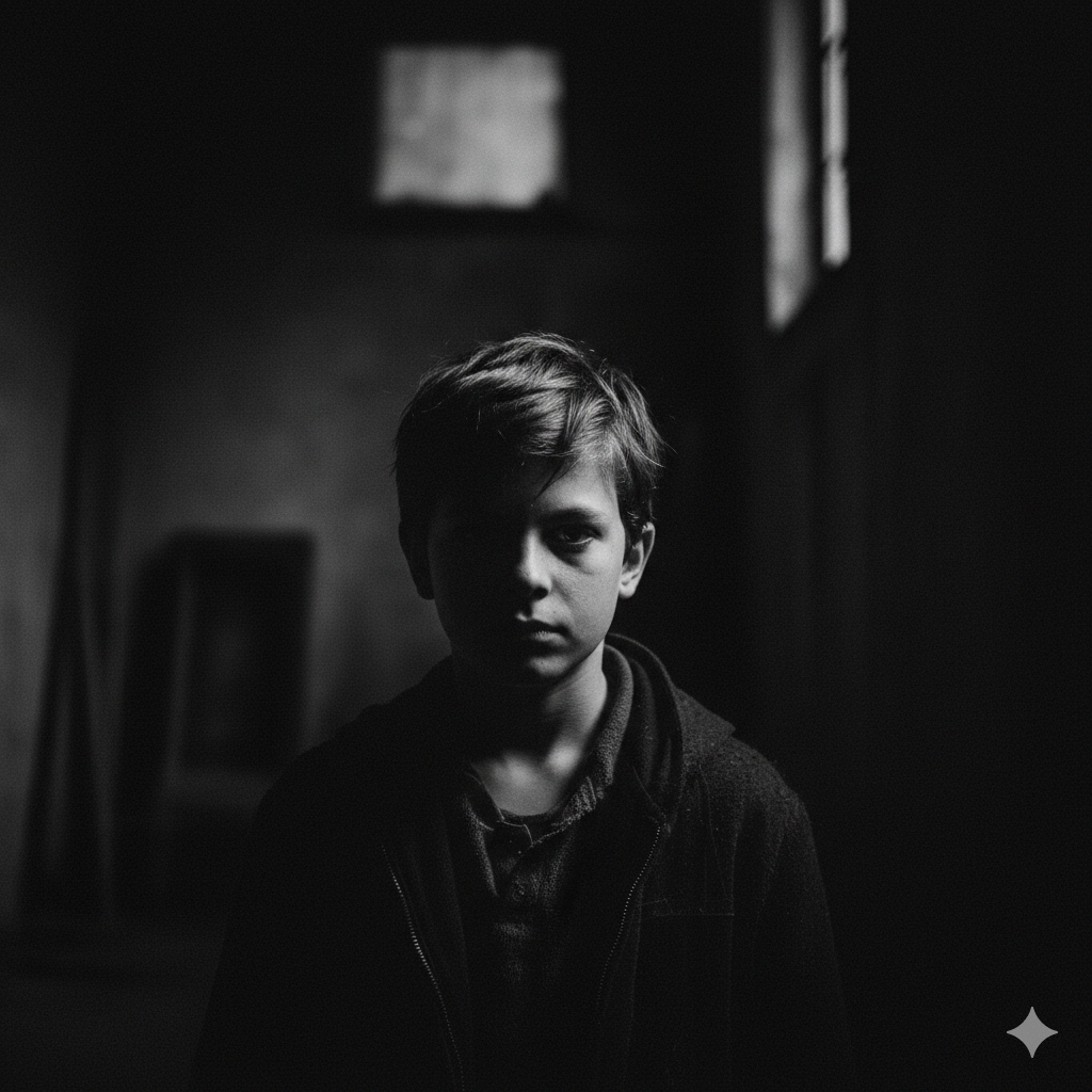 Black and White Boy Portrait with Dramatic Mood