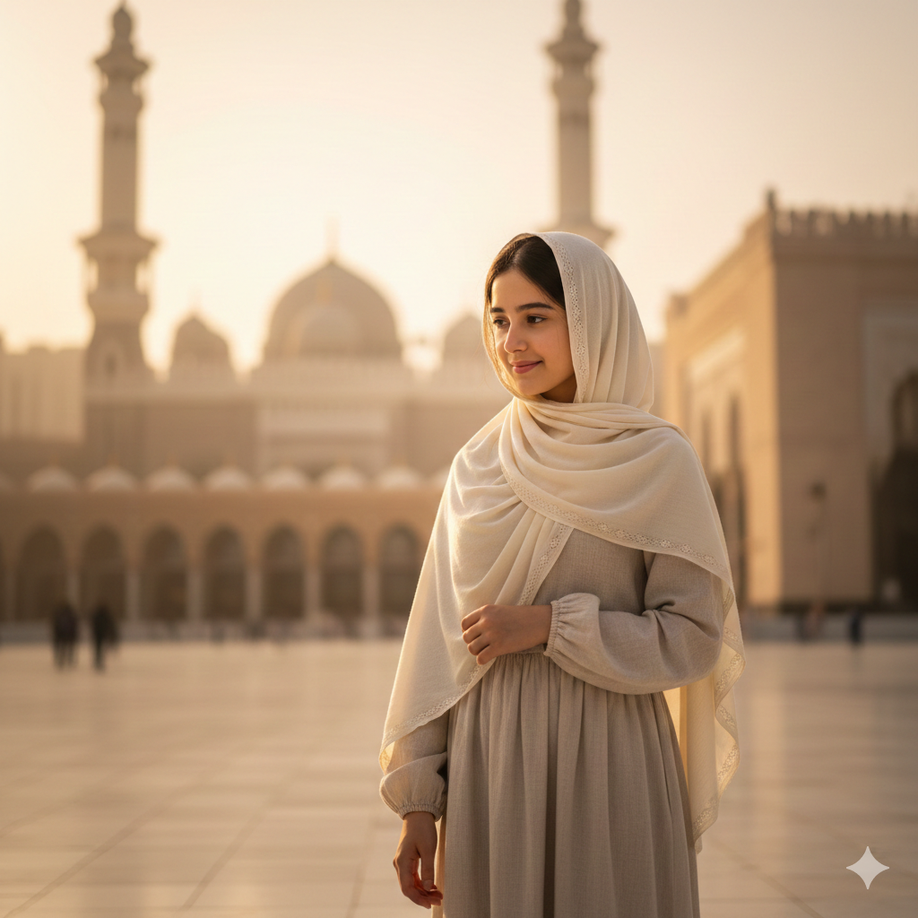 Faith‑Inspired Girl Portrait in Makkah with Soft Evening Light