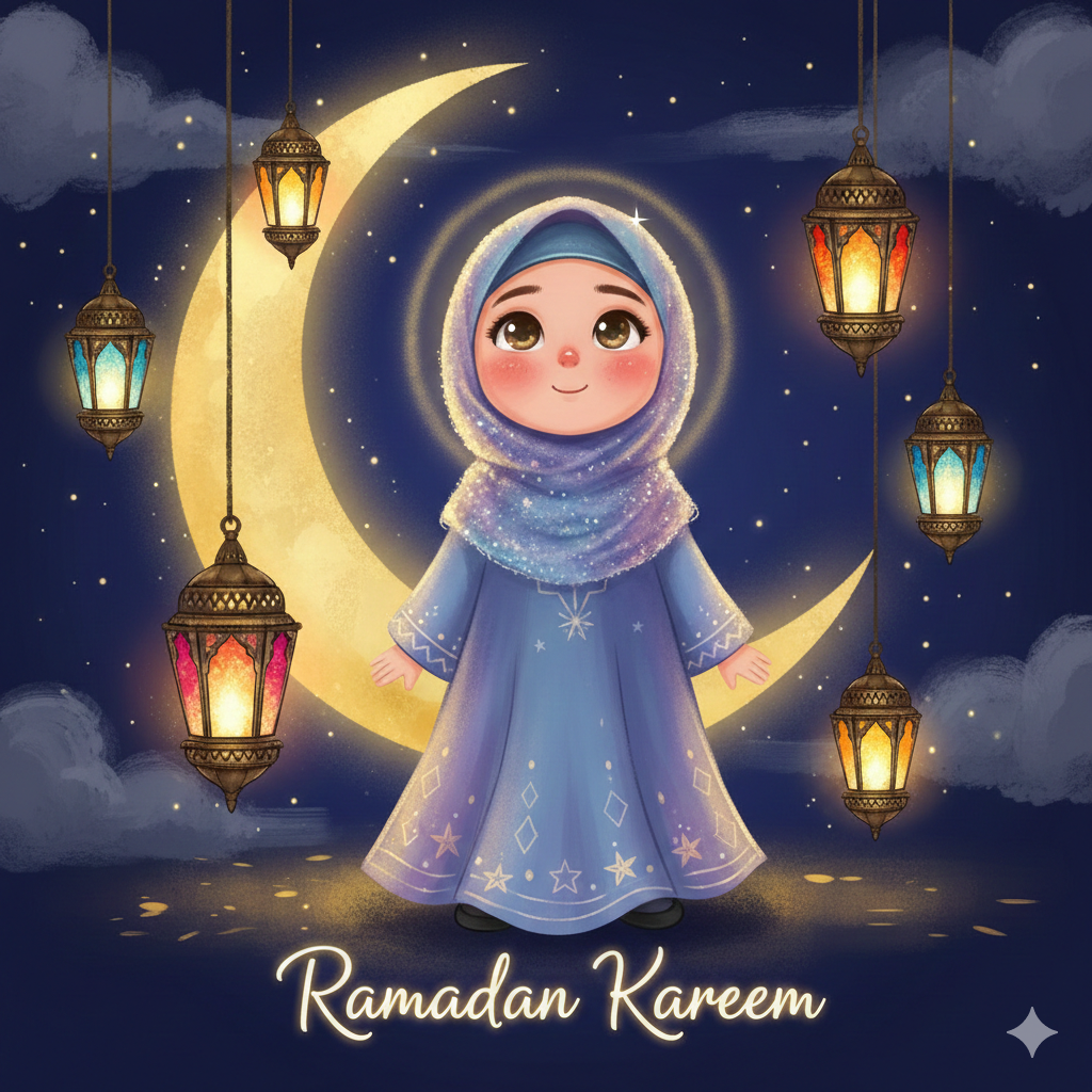 Smiling Ramadan Girl DP with Crescent Moon and Lanterns