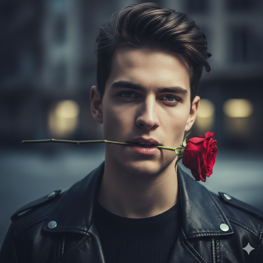 Boy with Rose in Mouth Stylish Instagram Look