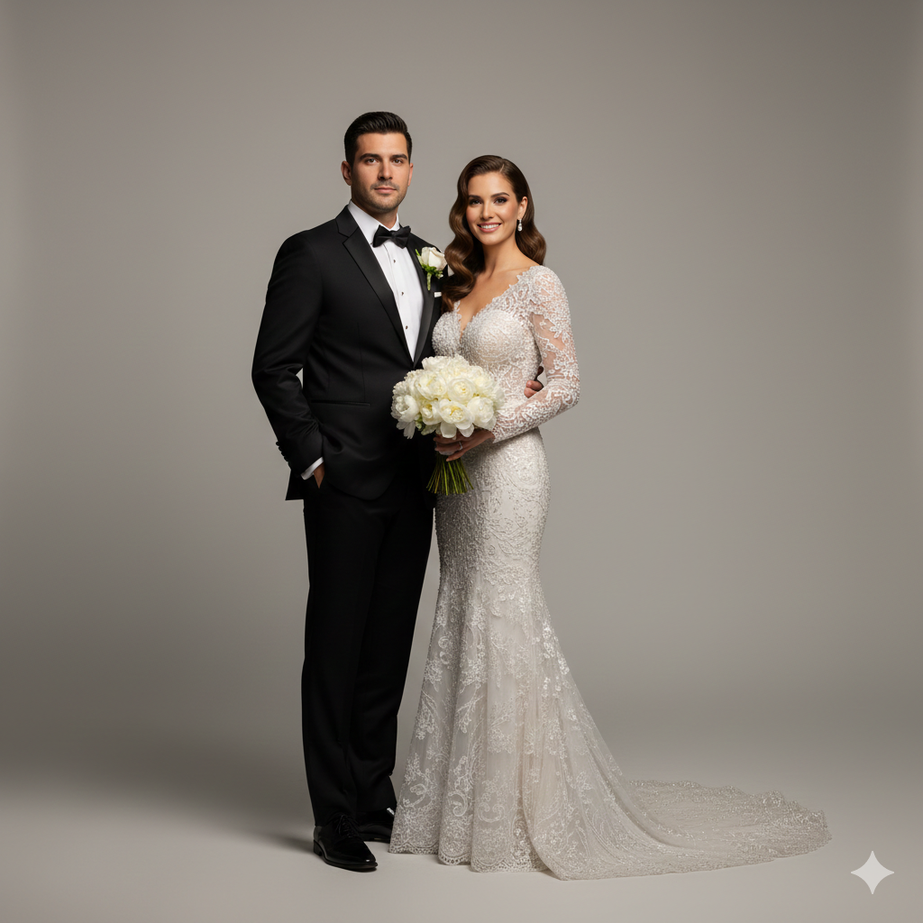 5. Studio‑Style Wedding Couple Photo with Balanced Lighting