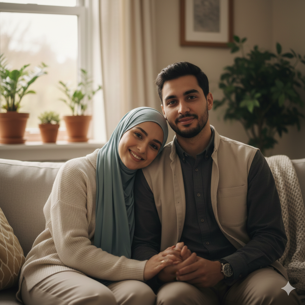 Muslim Couple Portrait with Modest Outfit and Soft Natural Lighting