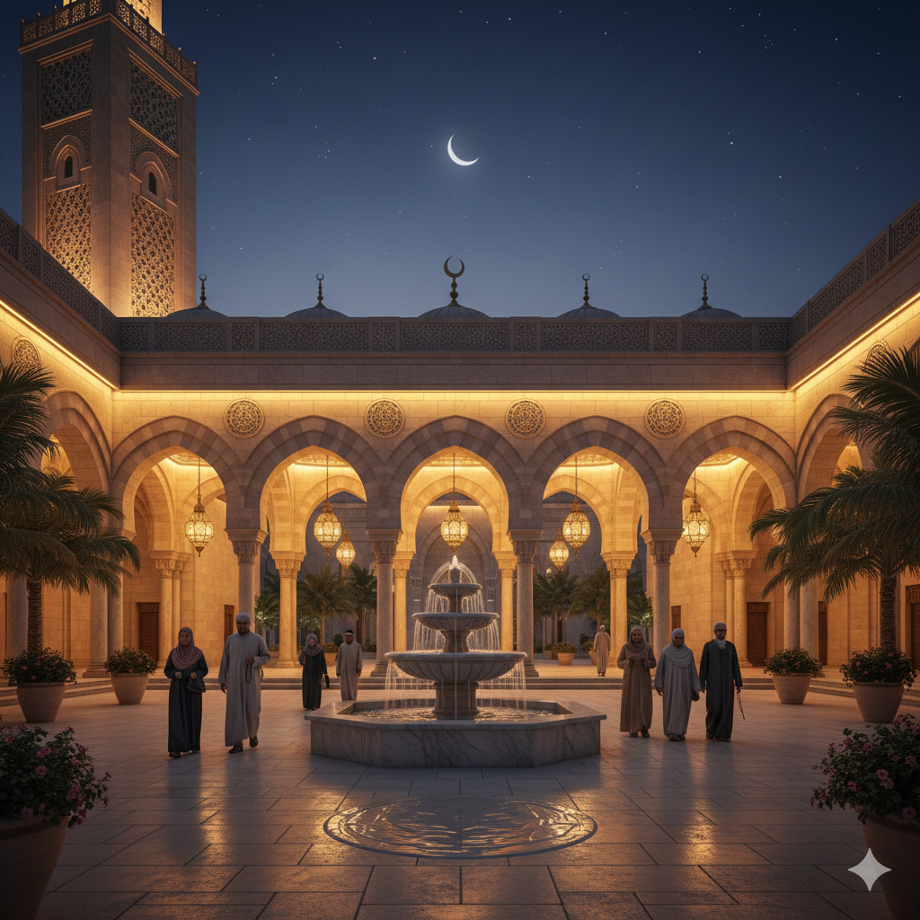 Ramadan Mosque Courtyard with Soft Lighting