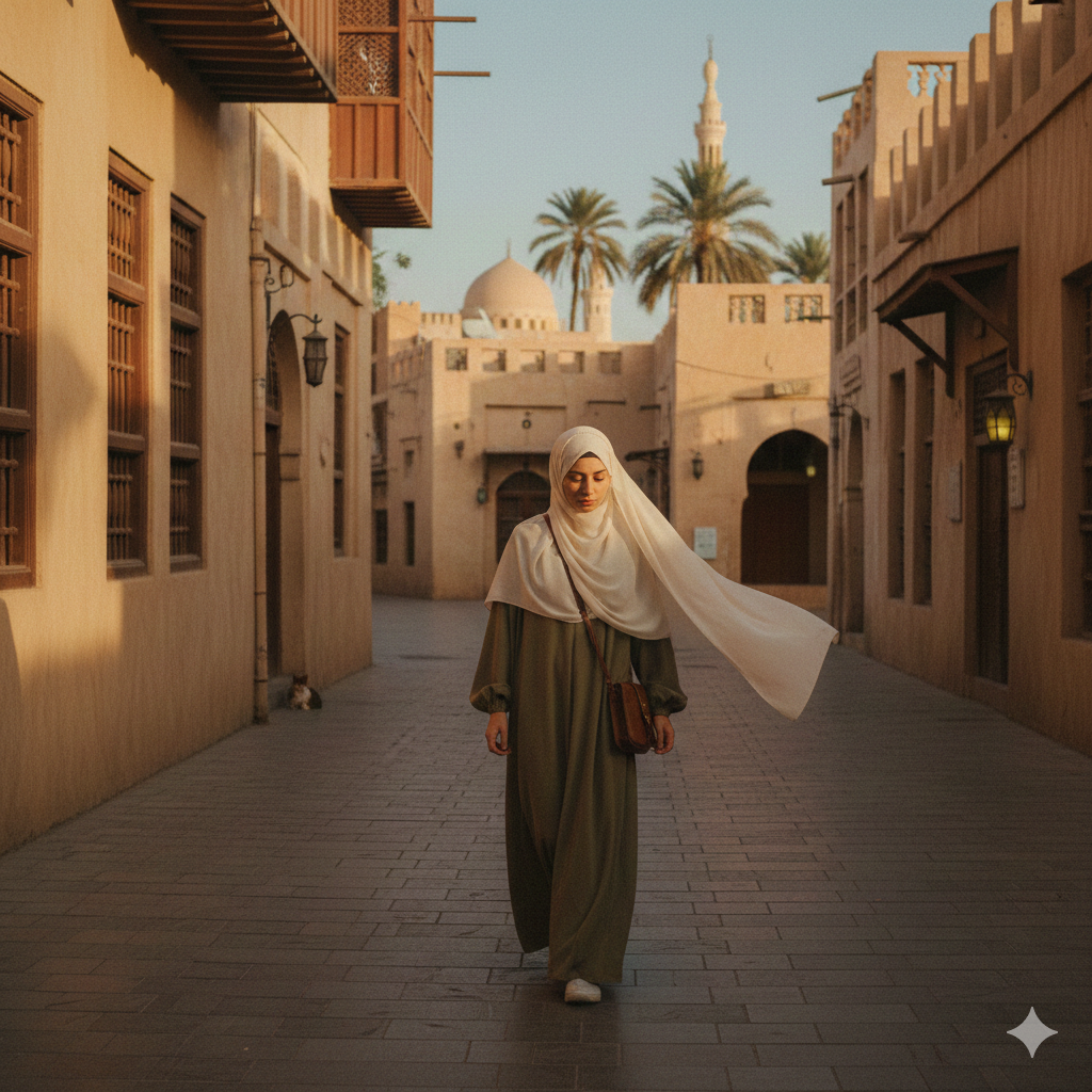  Girl in Hijab Walking in Madina with Peaceful Atmosphere