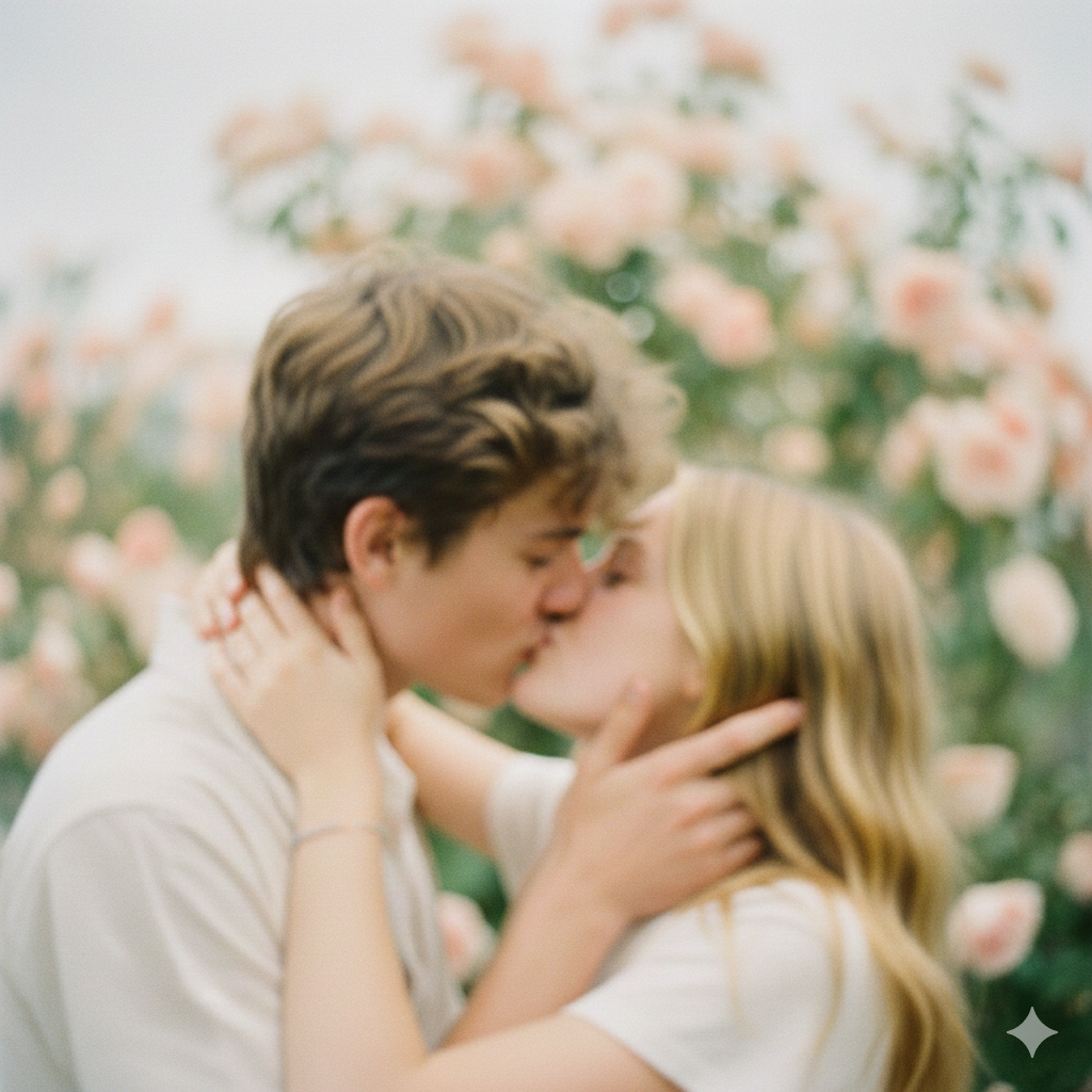Soft Focus Romantic Kiss Between Adults in Close‑Up