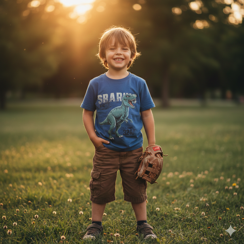 Young Boy with Confident Smile, Golden Hour Lighting in Park