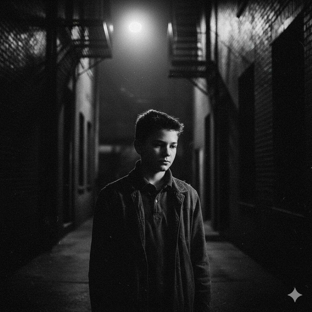Moody Black and White Boy Photo with High Contrast Lighting
