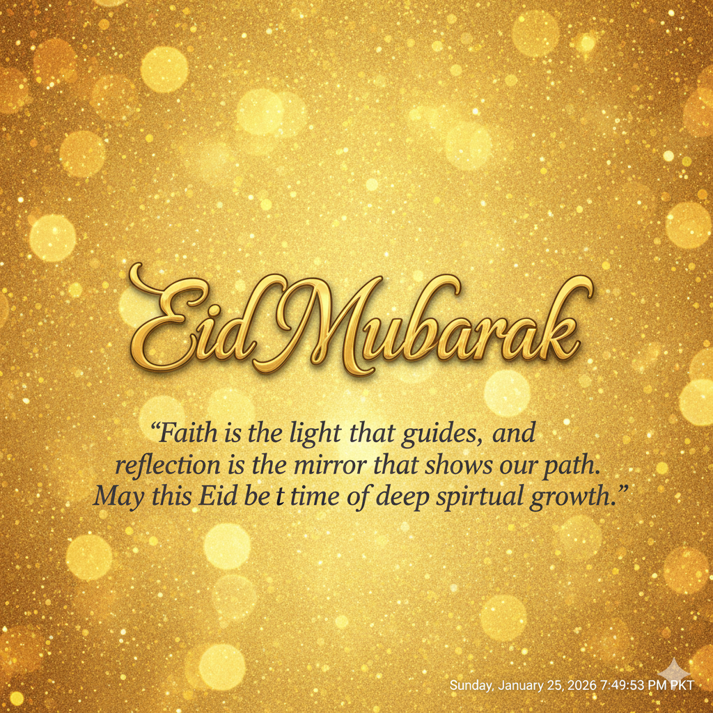 Golden Eid Mubarak Image with Spiritual Quote Overlay