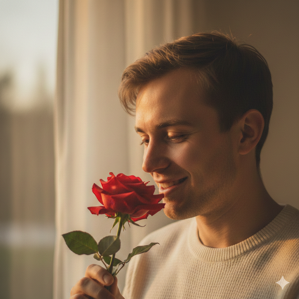 Emotional Boy Portrait with Rose and Gentle Smile