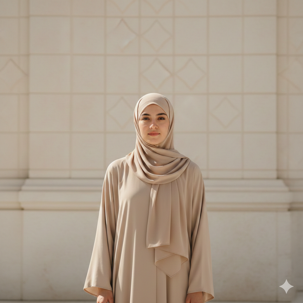 Minimalist Modest Girl Portrait with Holy Mosque Background
