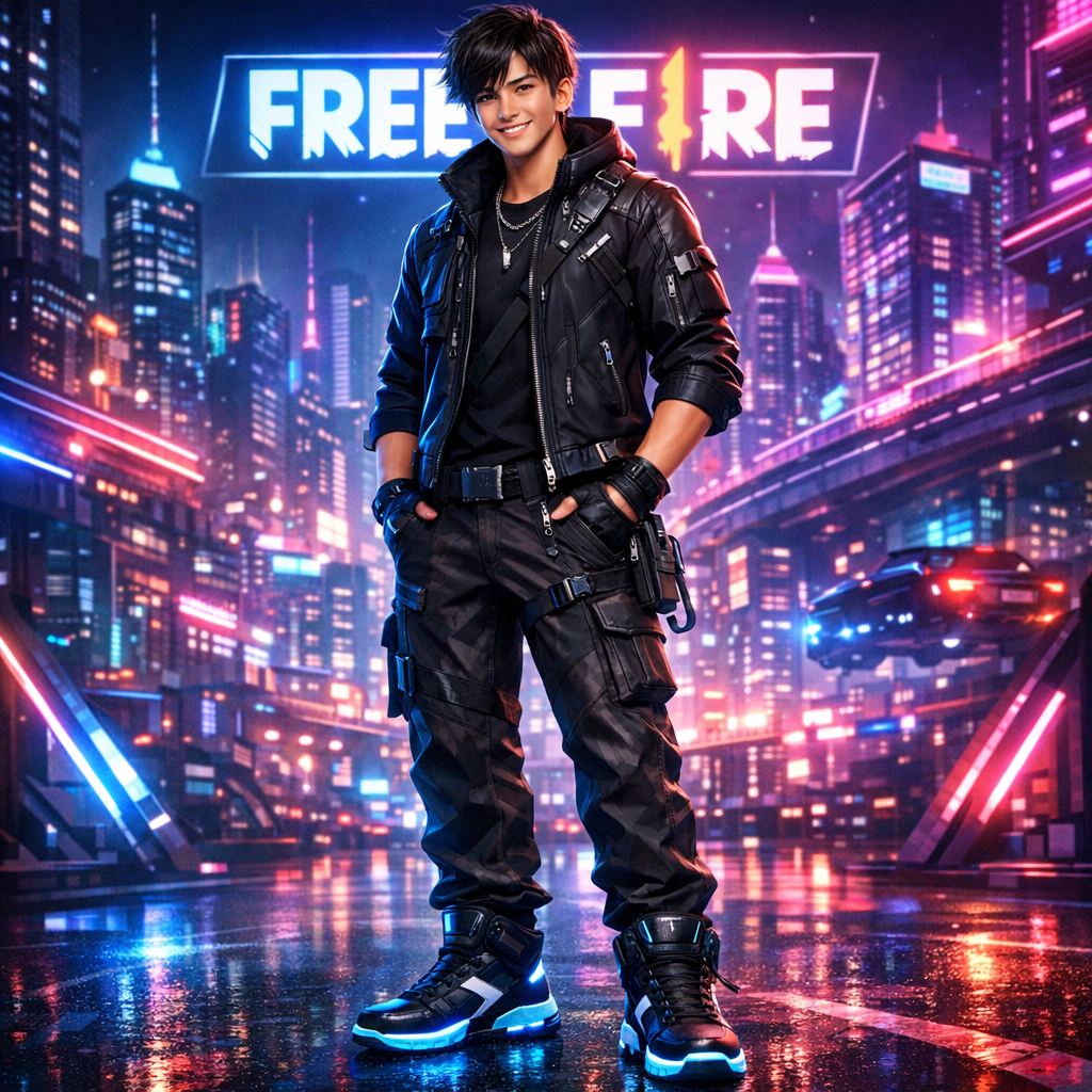 Free Fire Boy Character with Neon Background