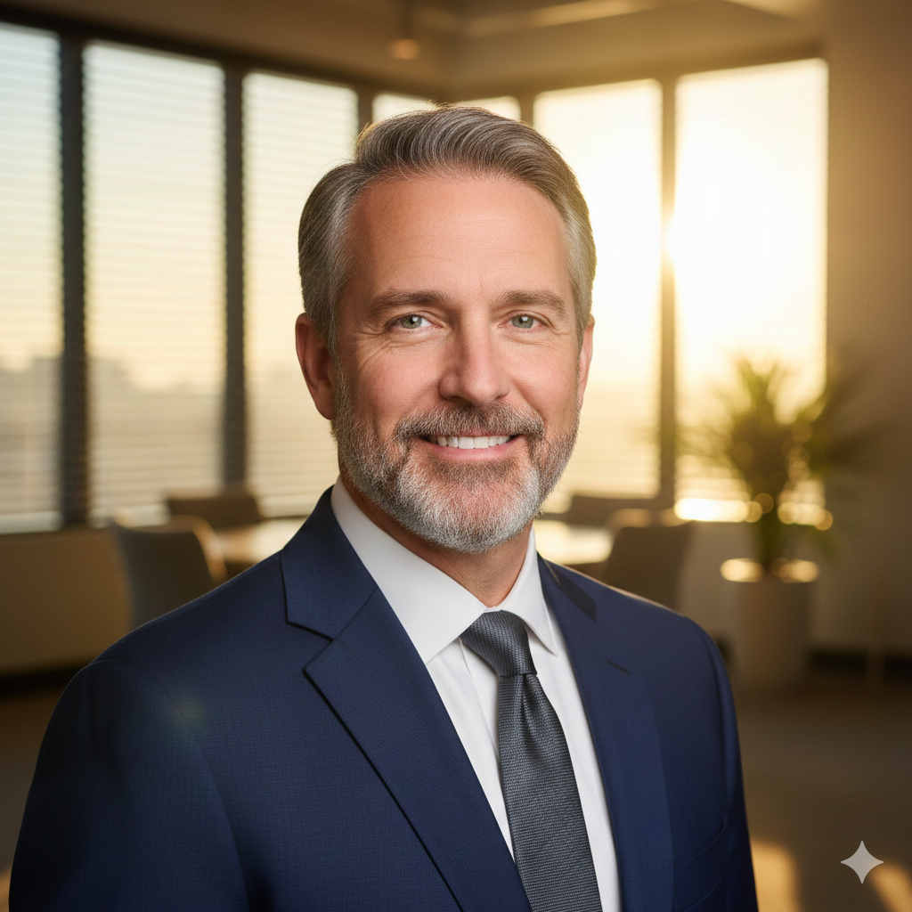 Executive Headshot with Confident Expression and Blurred Background